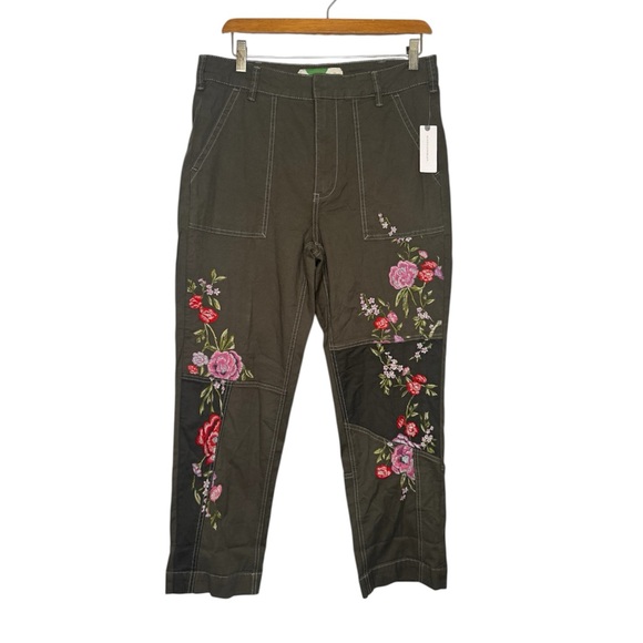 Anthropologie Embroidered Utility olive green pants women's sz 30 boho hippie - Picture 3 of 8